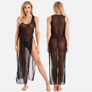 Sexy See-through sides split Dress Deep V Neck Lingerie Dress Nightwear